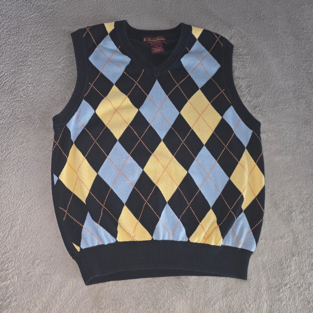 Brooks Brothers Youth Argyle Sweater Vest Navy Blue Pima Cotton V-Neck Size M